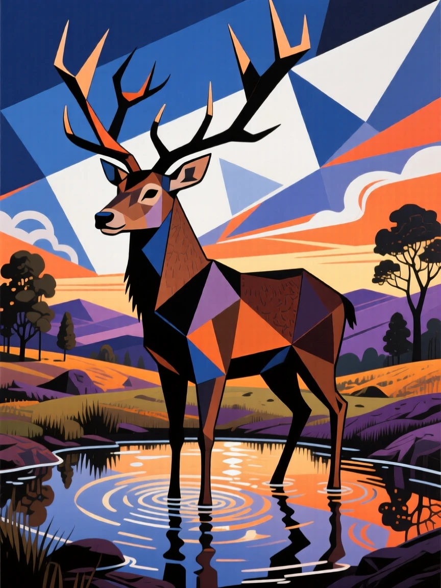 A striking view of a stag with towering antlers gathering near a watering hole at dusk beneath a dramatic sky.