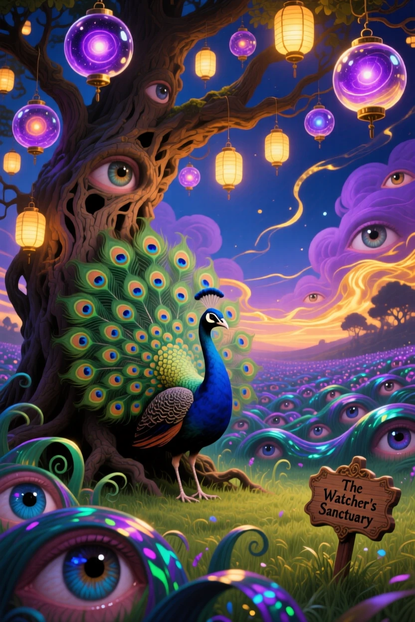 A peacock whose tail feathers open into a field of eyes pauses beneath a tree hung with glowing lanterns, as the surrounding grass bends toward it in reverence.