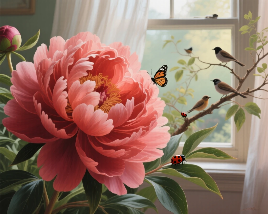 A close-up of a fully bloomed peony in deep coral shows layers upon layers of ruffled petals catching soft window light in an indoor setting, with scattered wildlife visible moving quietly through the middle distance of the composition.