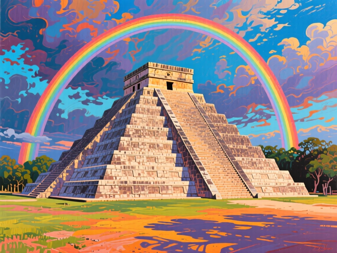 Chichen Itza's stepped pyramid beneath a dramatic sky, under a rare double rainbow, long shadows stretching across the ground