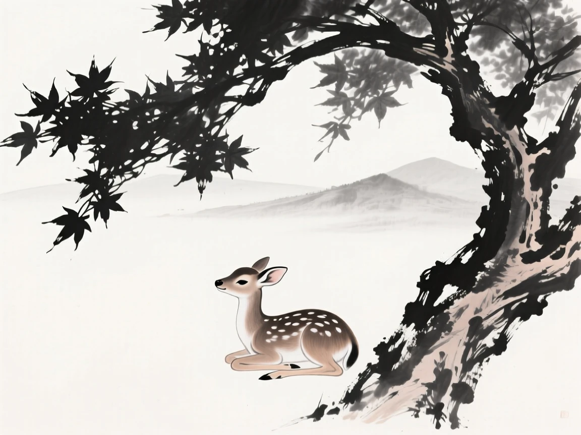 A young fawn rests beside its mother beneath a maple tree, with distant hills rising through the morning haze.
