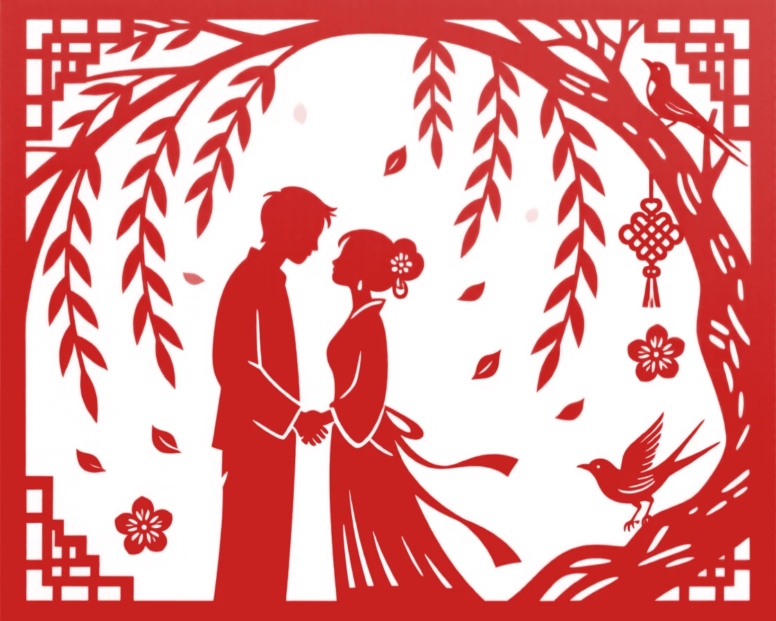 A couple sharing a quiet moment beneath a willow tree, fingers laced together as petals drift down around them