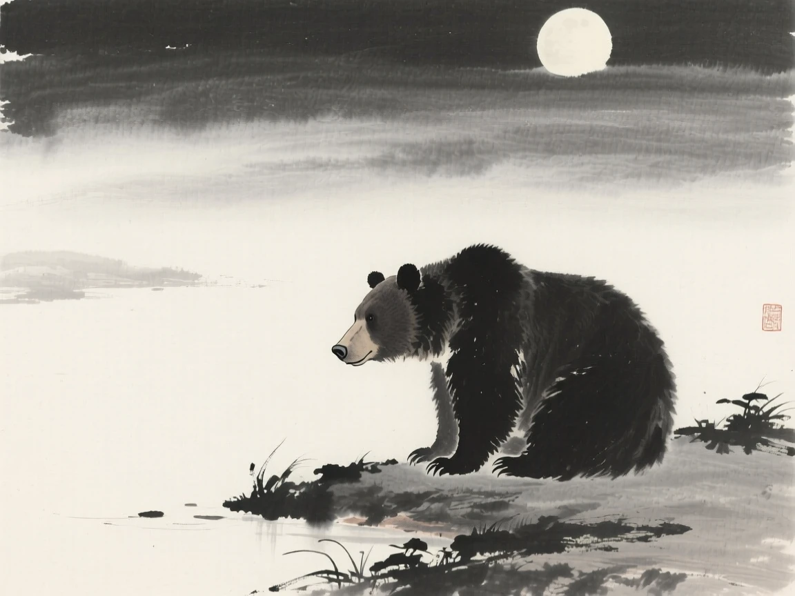 A bear pausing at the edge of a quiet clearing in a moonlit clearing, viewed through a gentle veil of morning mist, carrying a sense of quiet dignity and wildness.
