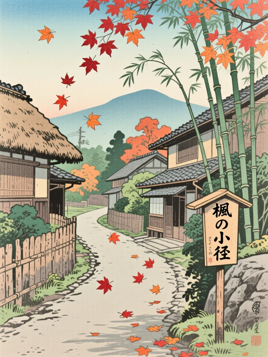 Drifting maple leaves along a quiet path beside a quiet village path.