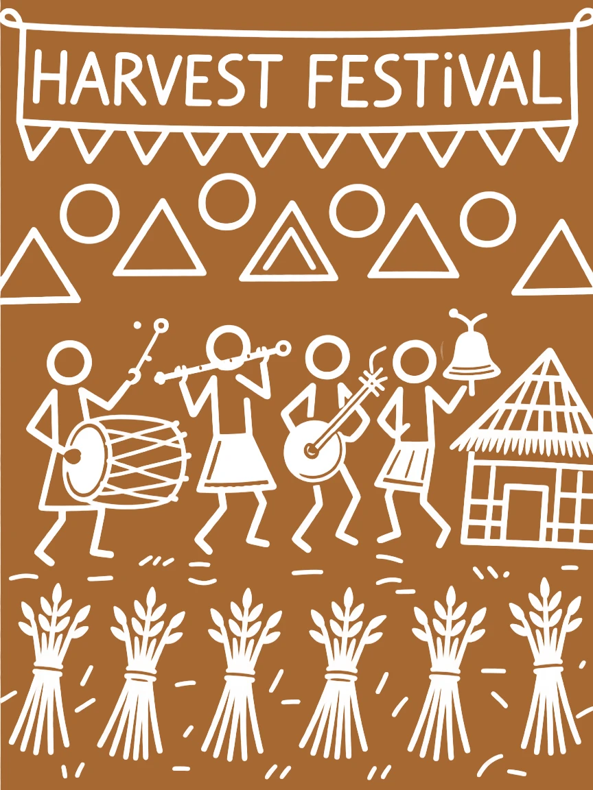 A harvest festival celebrated as musicians play traditional instruments together.