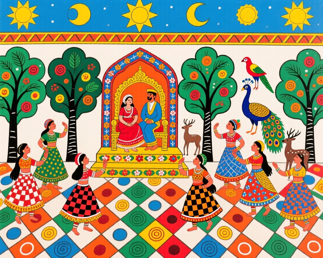 A courtyard filled with dancers performing for visiting royalty.