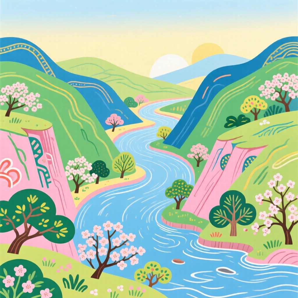 A sweeping view of a winding river through a deep valley in the soft light of early spring.