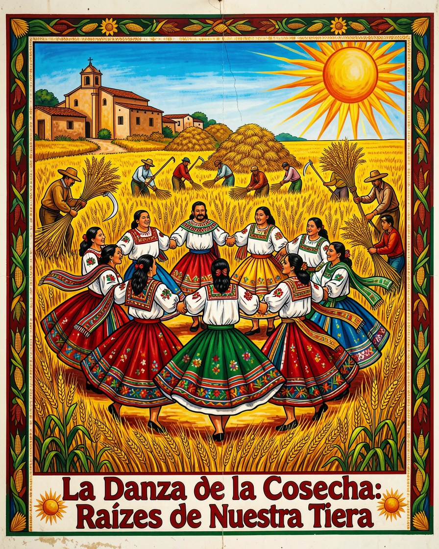 A traditional harvest dance performed in a golden field