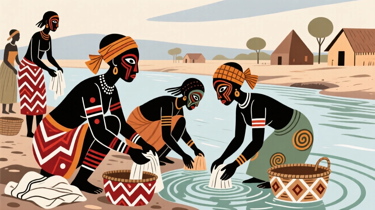 Women washing clothes at the riverbank at the edge of a quiet village.
