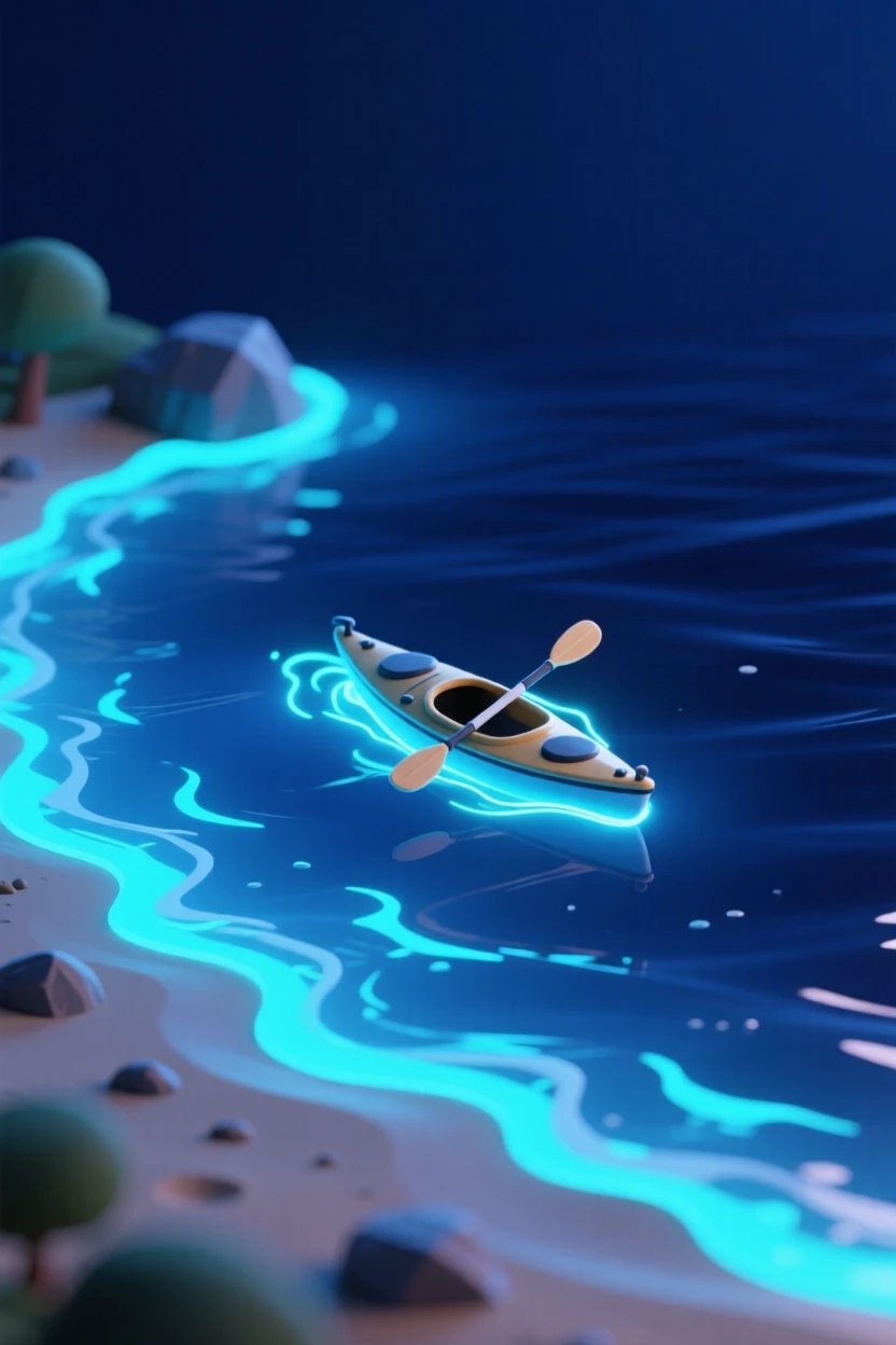 A bioluminescent bay at night, glowing blue waves lapping the shore, and a kayak leaving a trail of light across the dark water.