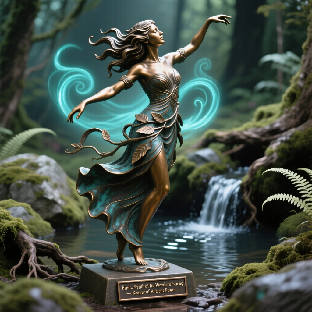 A nymph dancing beside a woodland spring, with an aura of ancient power, radiating awe and grandeur