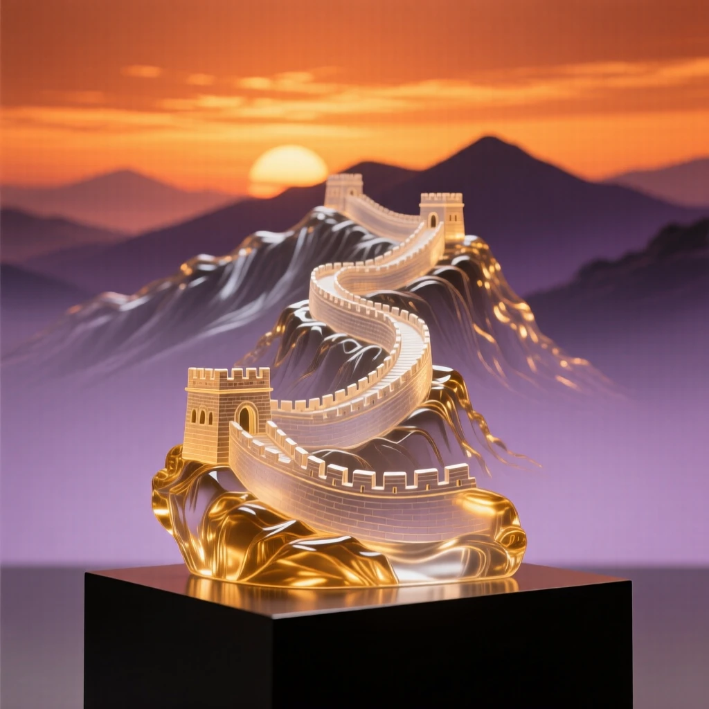 The Great Wall winding across mountain ridges, viewed from a dramatic low angle under a vivid sunset sky, warm golden light highlighting every architectural detail, awe-inspiring and grand.