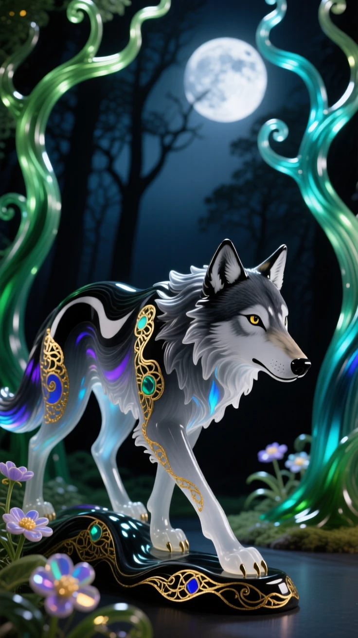 A shadow wolf prowling through a moonlit enchanted forest, mysterious and sleek.