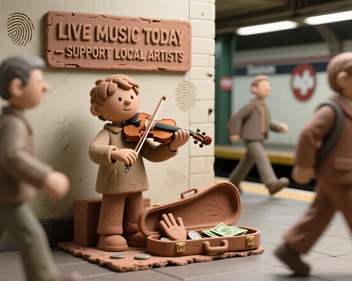 A young violinist busking in a subway station at rush hour