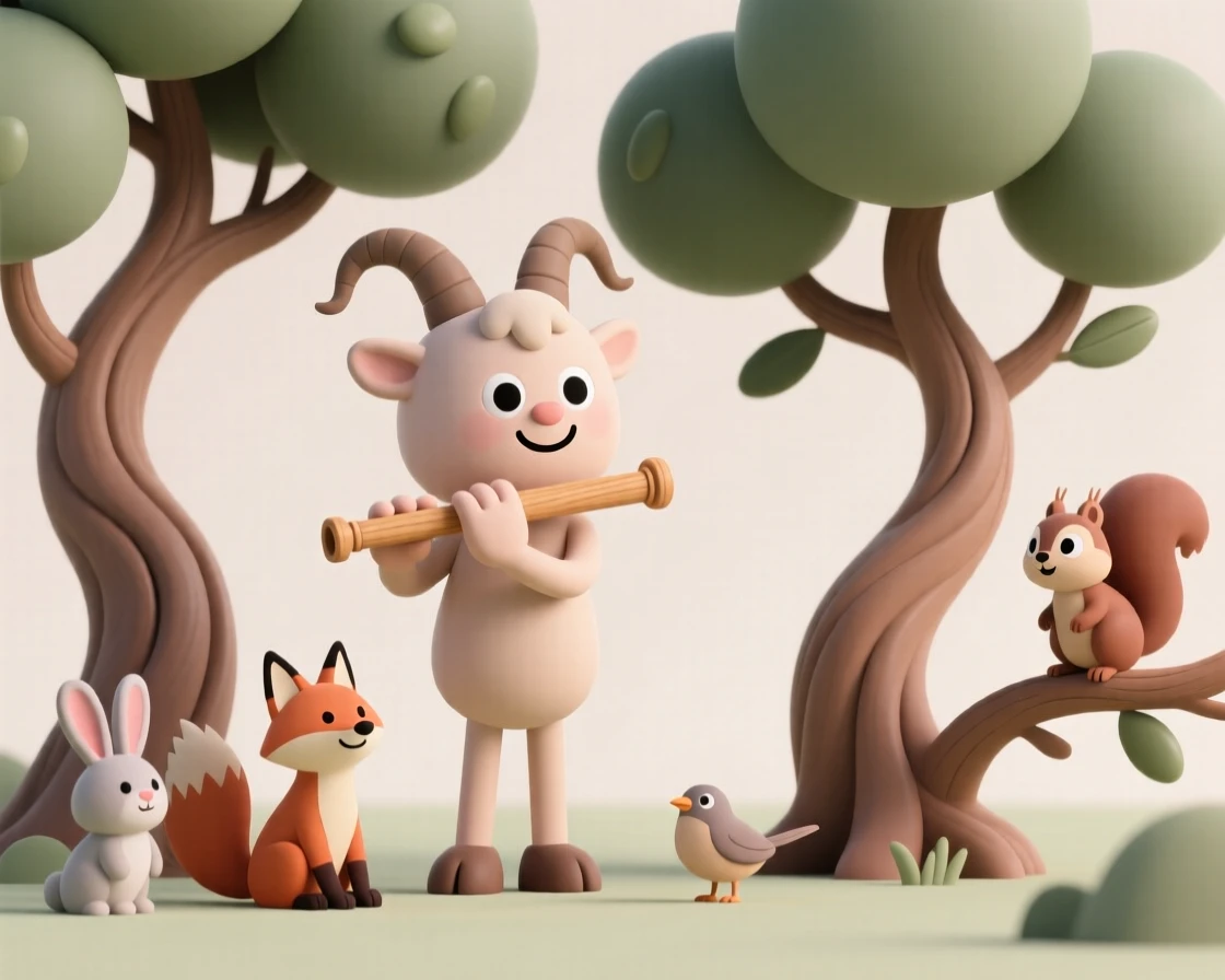 A playful satyr plays a wooden flute beneath twisted olive trees as woodland creatures gather to listen.
