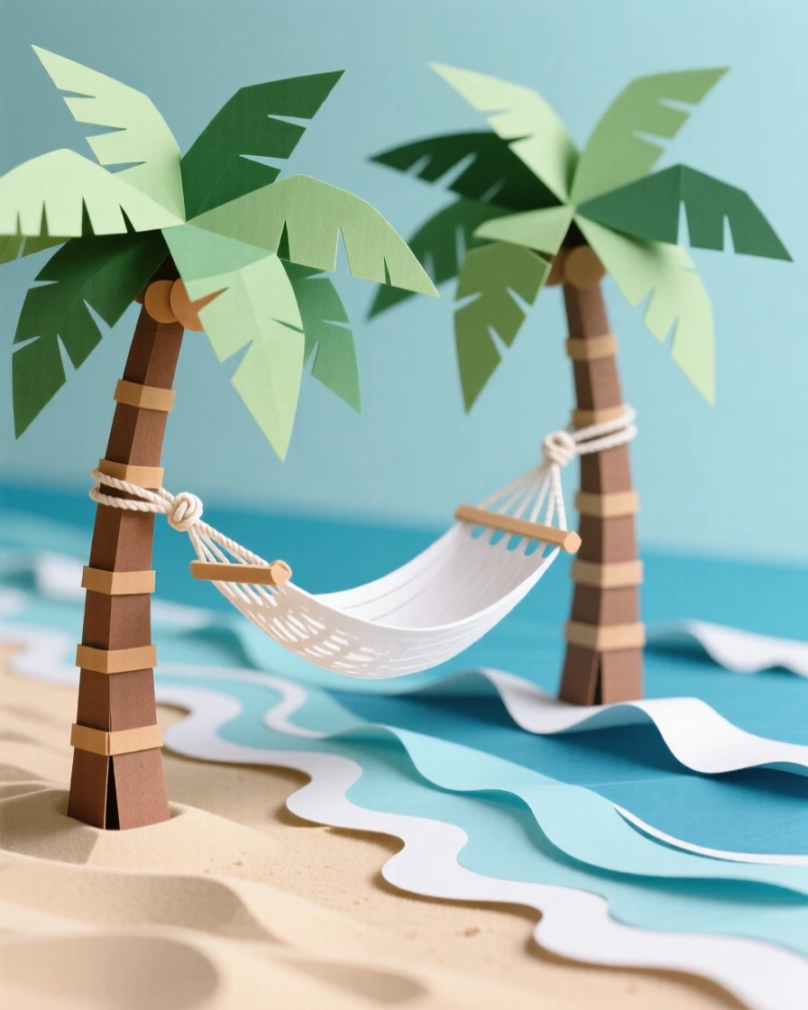 A hammock strung between two palm trees on a quiet tropical beach, gentle waves lapping nearby, evoking relaxed vacation bliss.