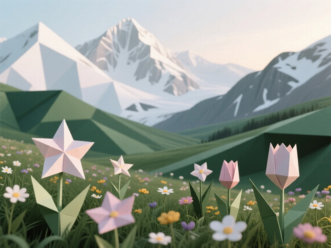 A tranquil valley of wildflowers beneath towering, snow-dusted peaks at first light.