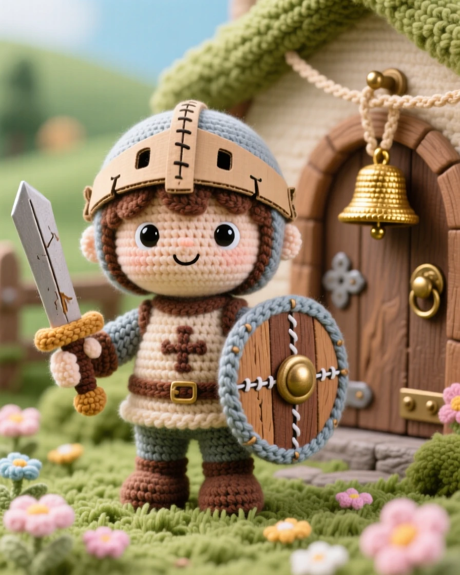 a small boy knight, with a slightly too-large cardboard-looking helmet, holding a wooden sword and shield proudly, in a quiet countryside cottage garden, with a small brass bell hanging by the door nearby, conveying warm, homespun charm and quiet dedication.