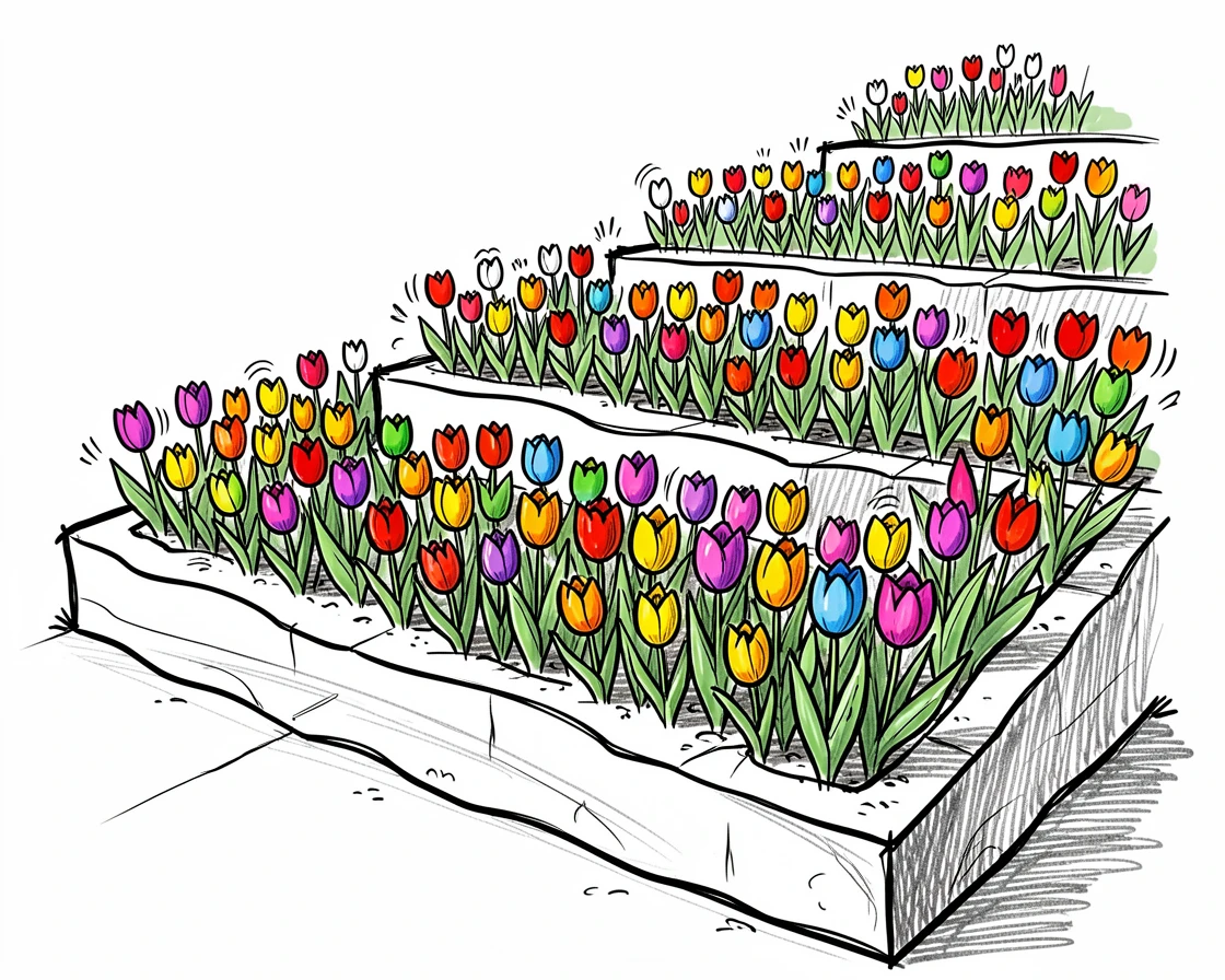 A bed of tulips in a rainbow of colors in a terraced hillside garden.