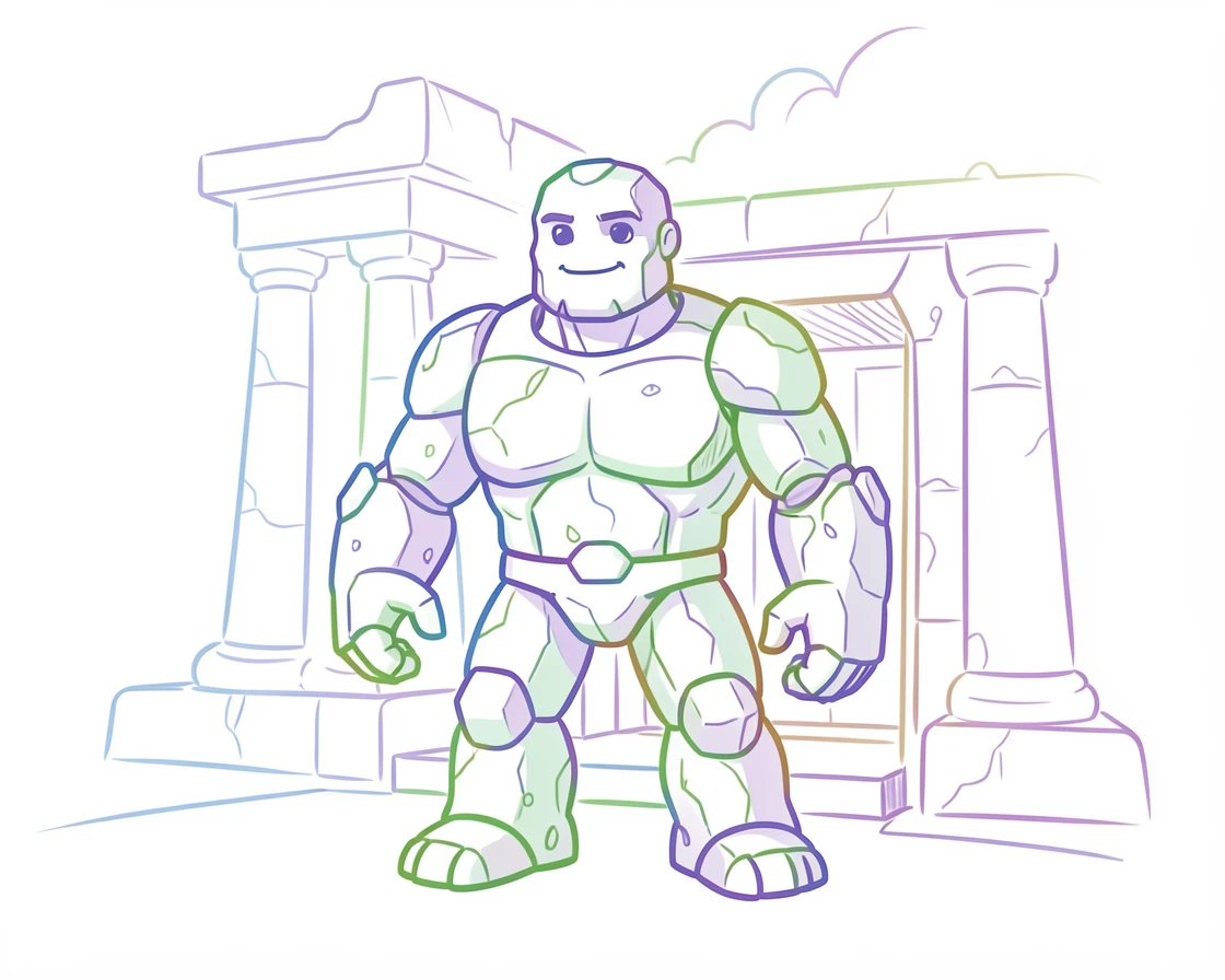 A stone golem standing guard at the entrance of an ancient temple.