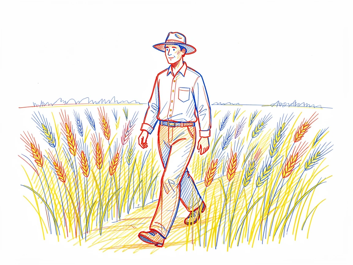 A farmer walking through a golden wheat field at harvest time