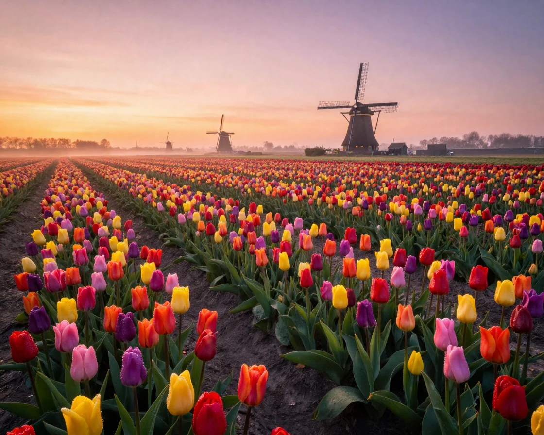 A vibrant tulip field in the Netherlands at sunrise