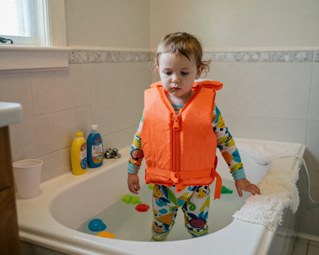 A toddler insists on wearing a life jacket to the bathtub.