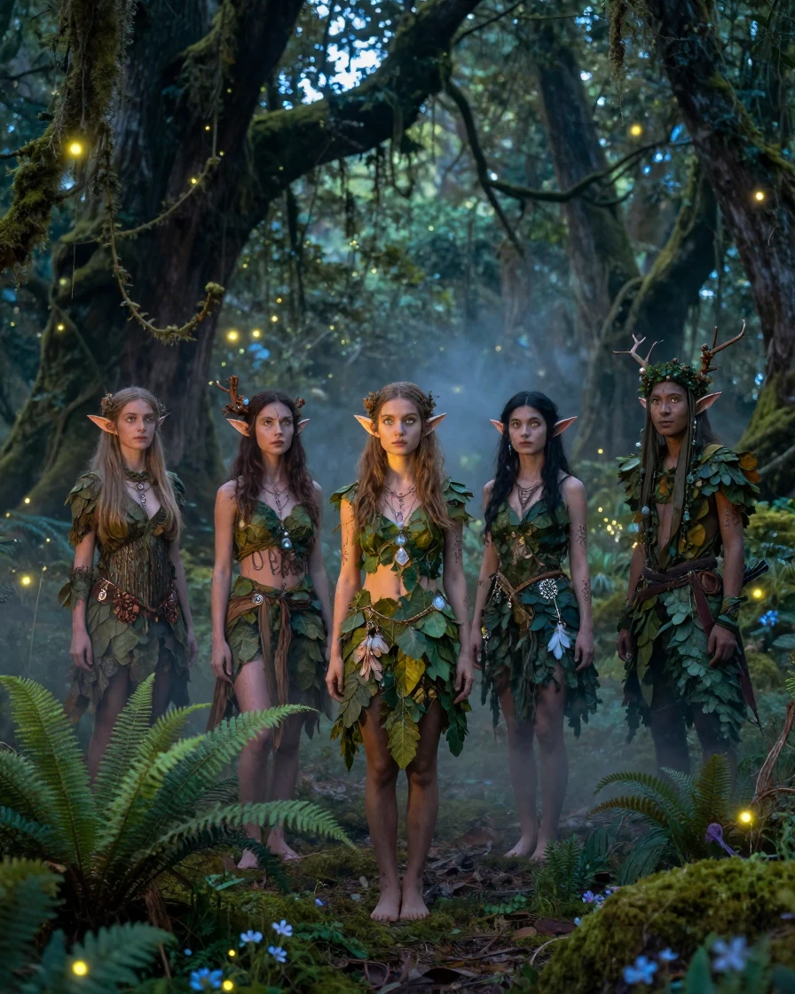 A band of forest elves standing deep within an enchanted forest