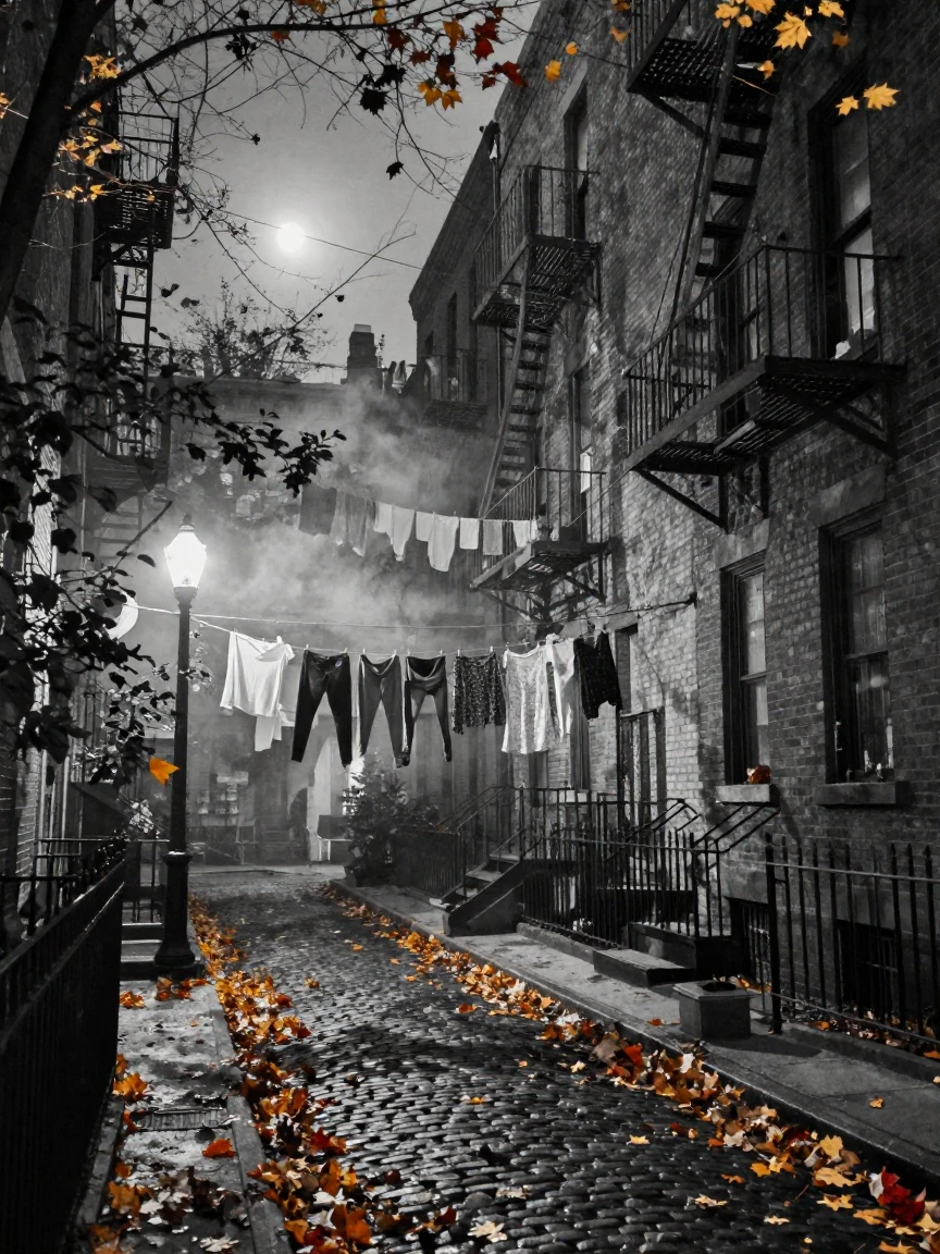 A narrow alley strung with laundry lines between old apartment buildings, under moonlight, as mist rises off the ground, as autumn leaves turn gold and red, with stark black-and-white contrast softened by a single warm hue, peering through foliage in the foreground.