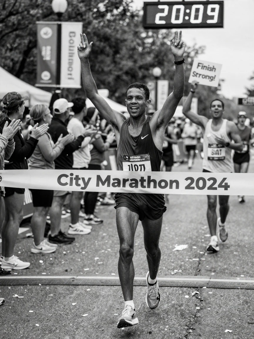 A marathon runner crosses the finish line with arms raised before a cheering crowd.