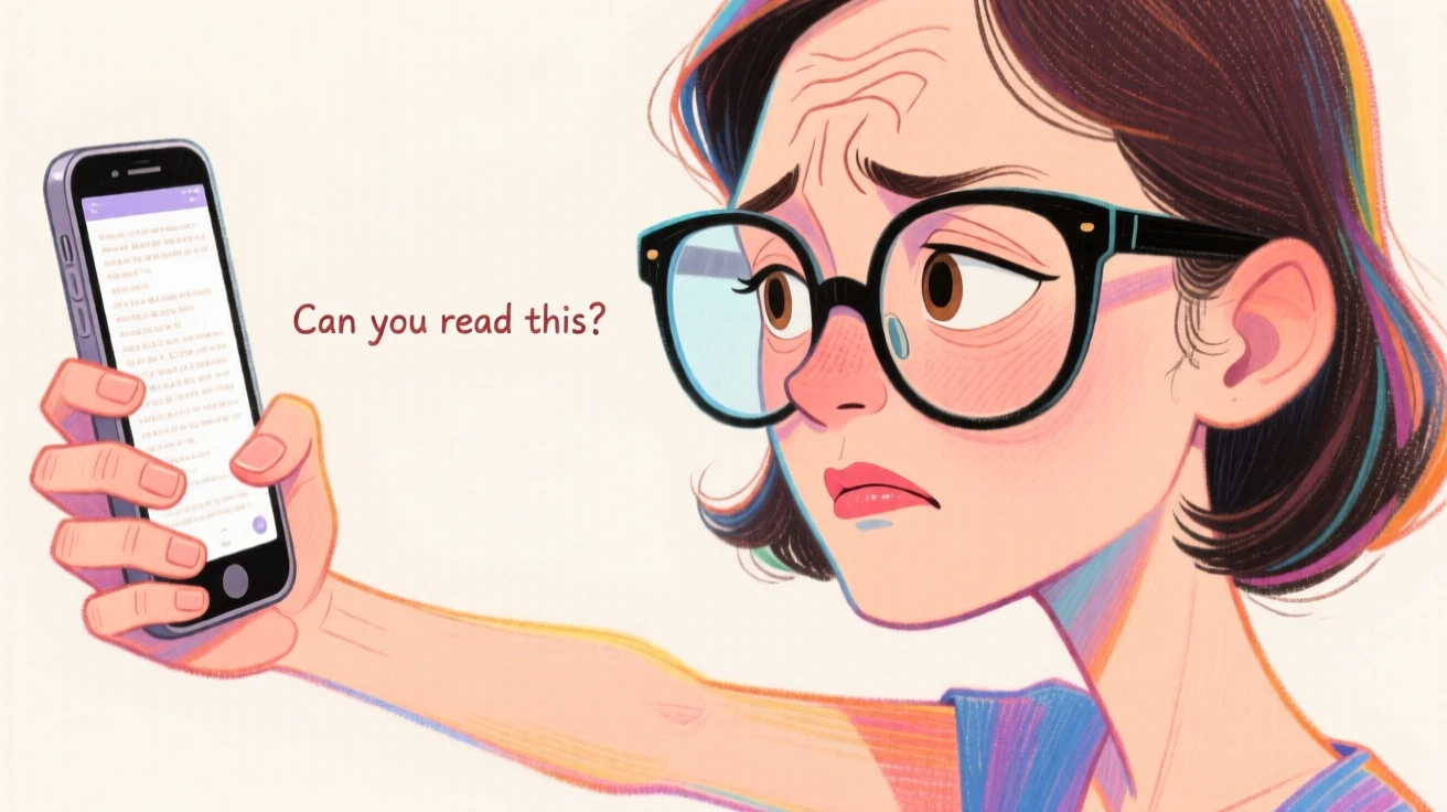 A woman holding a phone at arm's length, squinting to read tiny text.