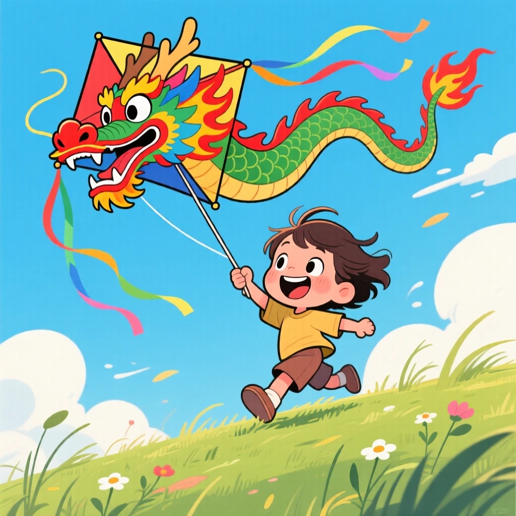 A playful childhood moment of a child flying a colorful kite shaped like a dragon on a breezy hilltop.