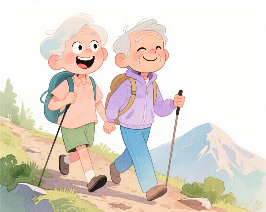 Two lifelong best friends hiking together up a scenic mountain trail