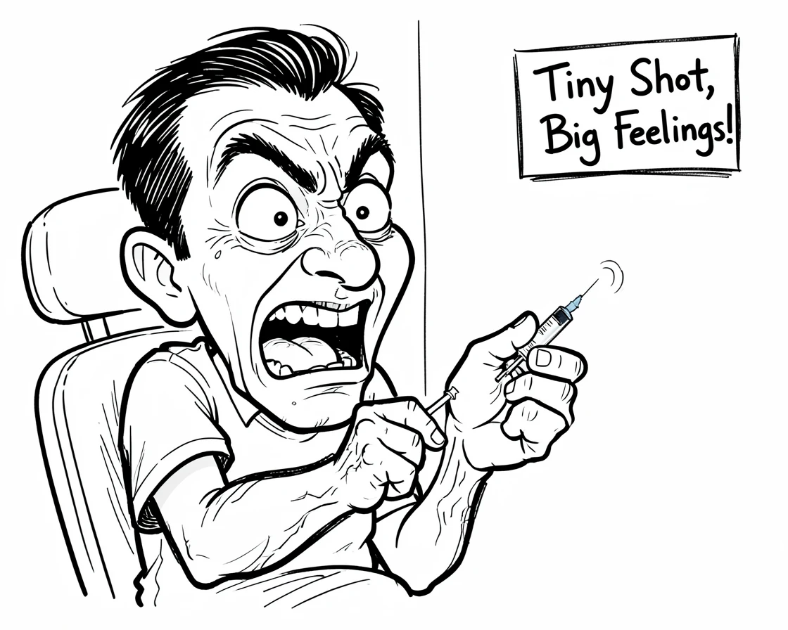 [Funny & Exaggerated Situations] Comical scene of a man wincing dramatically while getting a tiny vaccine shot, exaggerated for maximum laughs