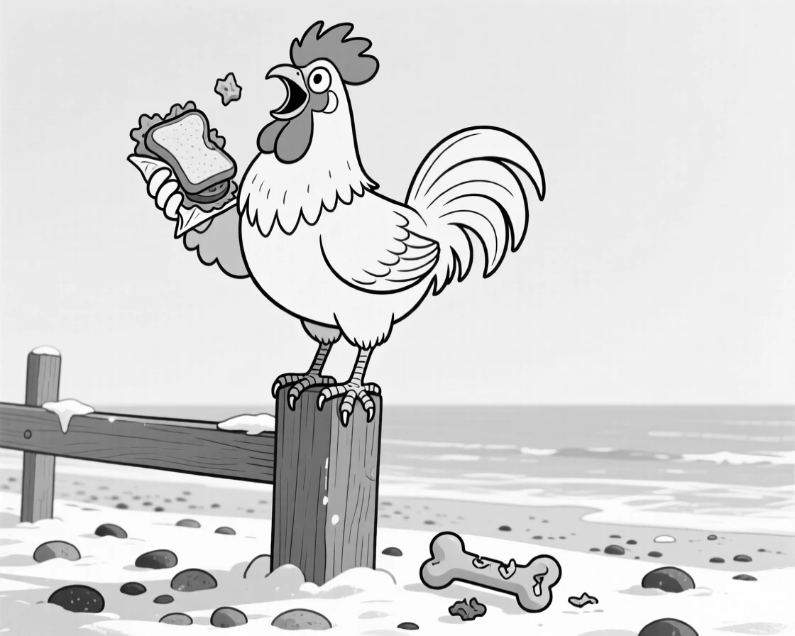 A proud rooster crowing atop a fence post, clutching a stolen snack triumphantly, set on an icy pebble beach. A half-chewed toy lies forgotten nearby. It's an irresistibly charming slice of animal personality.