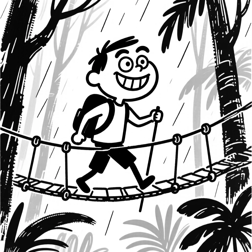 A hiker crossing a rope bridge in a lush tropical rainforest.