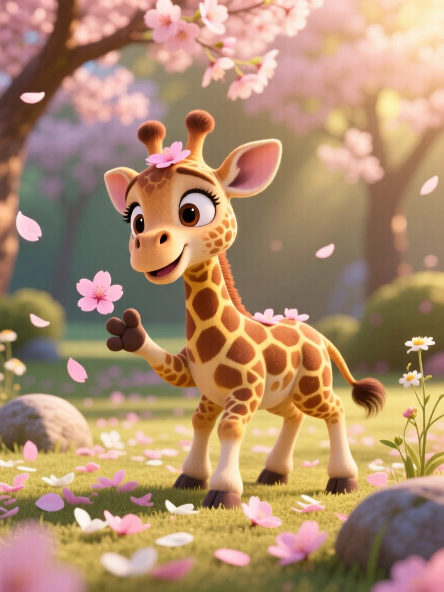 A wobbly baby giraffe is playing among fallen cherry blossom petals, reaching out a tiny paw. The scene feels warm and heartwarming, with a scattering of small flowers around it.