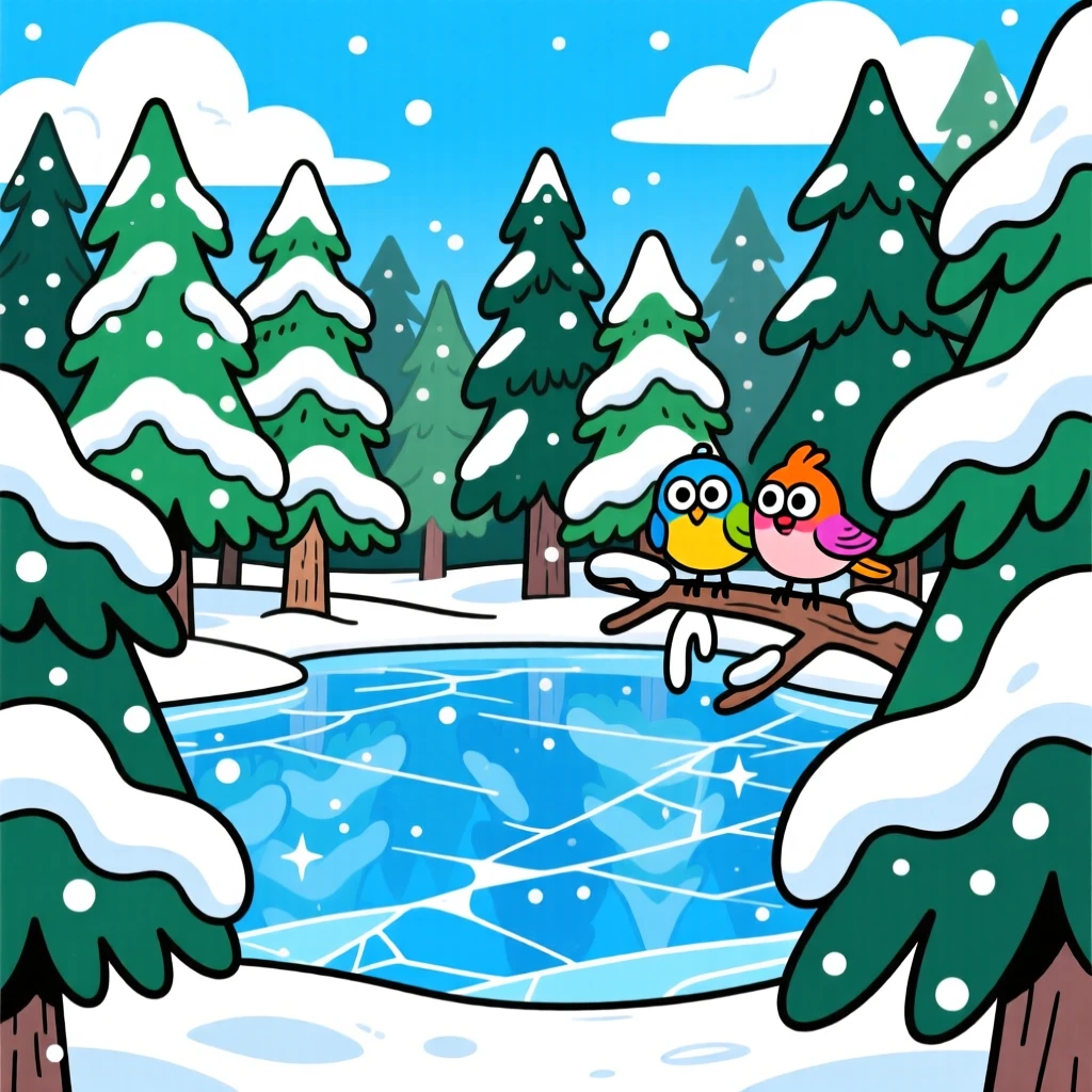 A frozen lake surrounded by snow-covered pine trees.