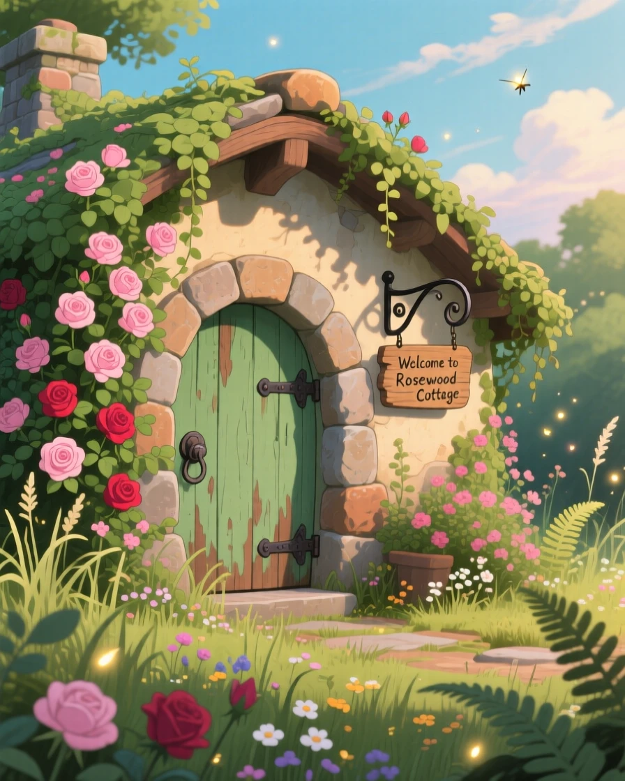 A charming view of a cozy stone cottage with a round wooden door and ivy-covered walls, surrounded by climbing roses and untamed gardens.