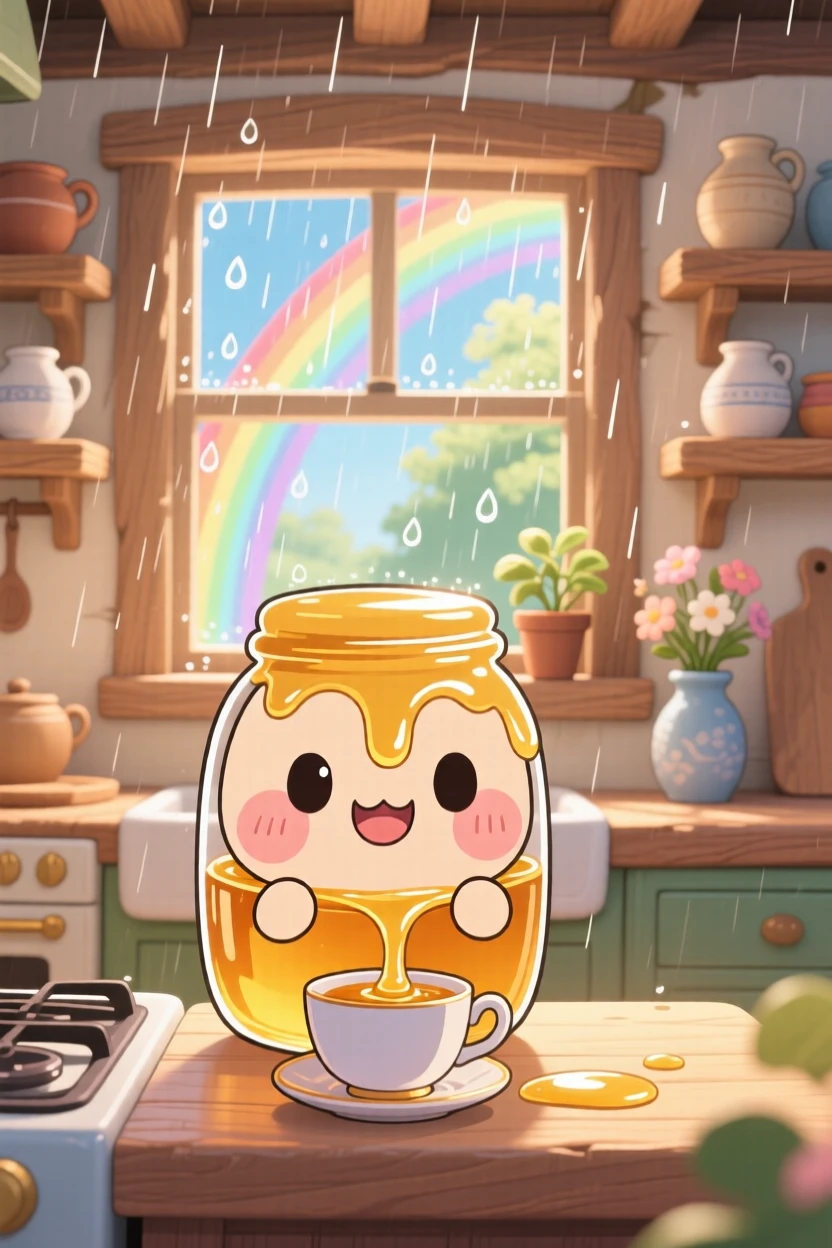 Symmetrical front-on view: a smiling honey jar, dripping golden honey into a teacup, set against a sunny farmhouse kitchen during a gentle spring rain shower, with bright rainbow-tinted light and a mood of quiet contentment.