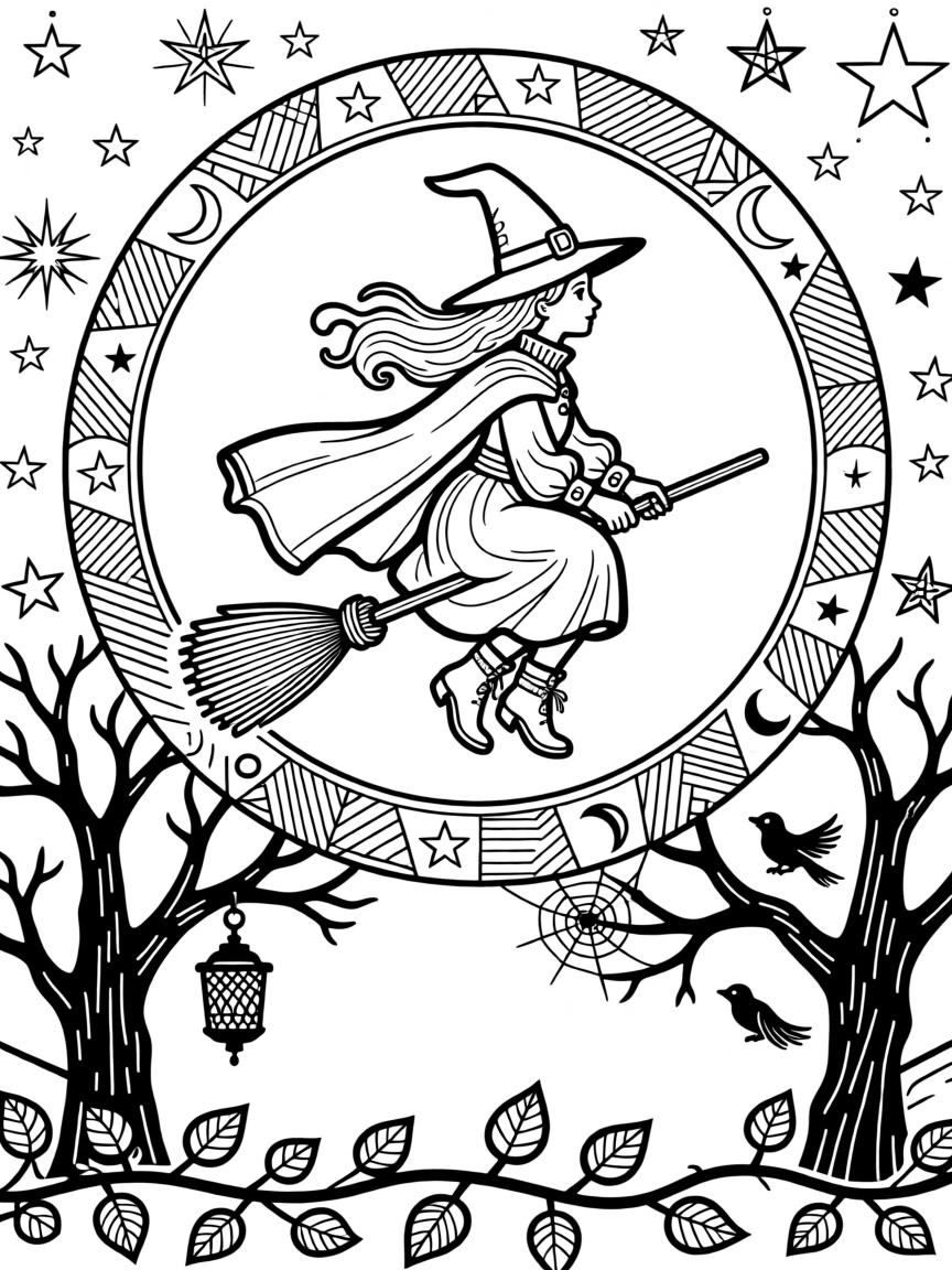 A witch flying on a broomstick silhouetted against a full moon.