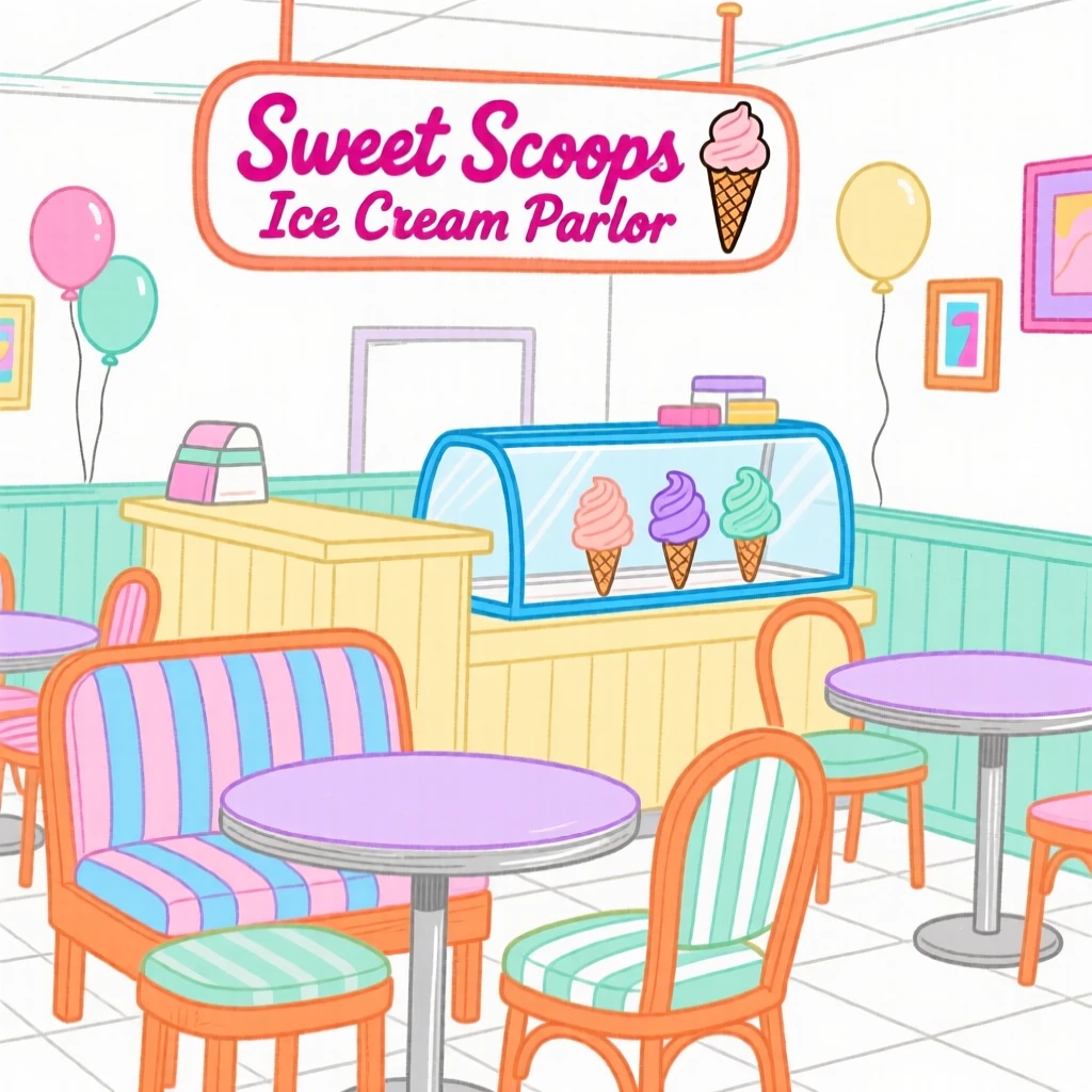 A charming ice cream parlor with pastel striped chairs.