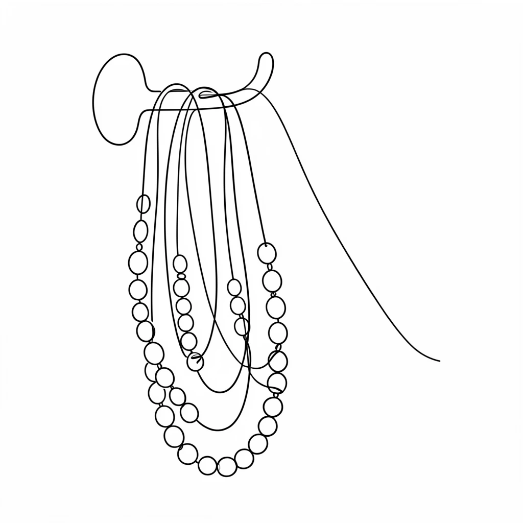 A row of colorful beaded necklaces hanging from a wall hook