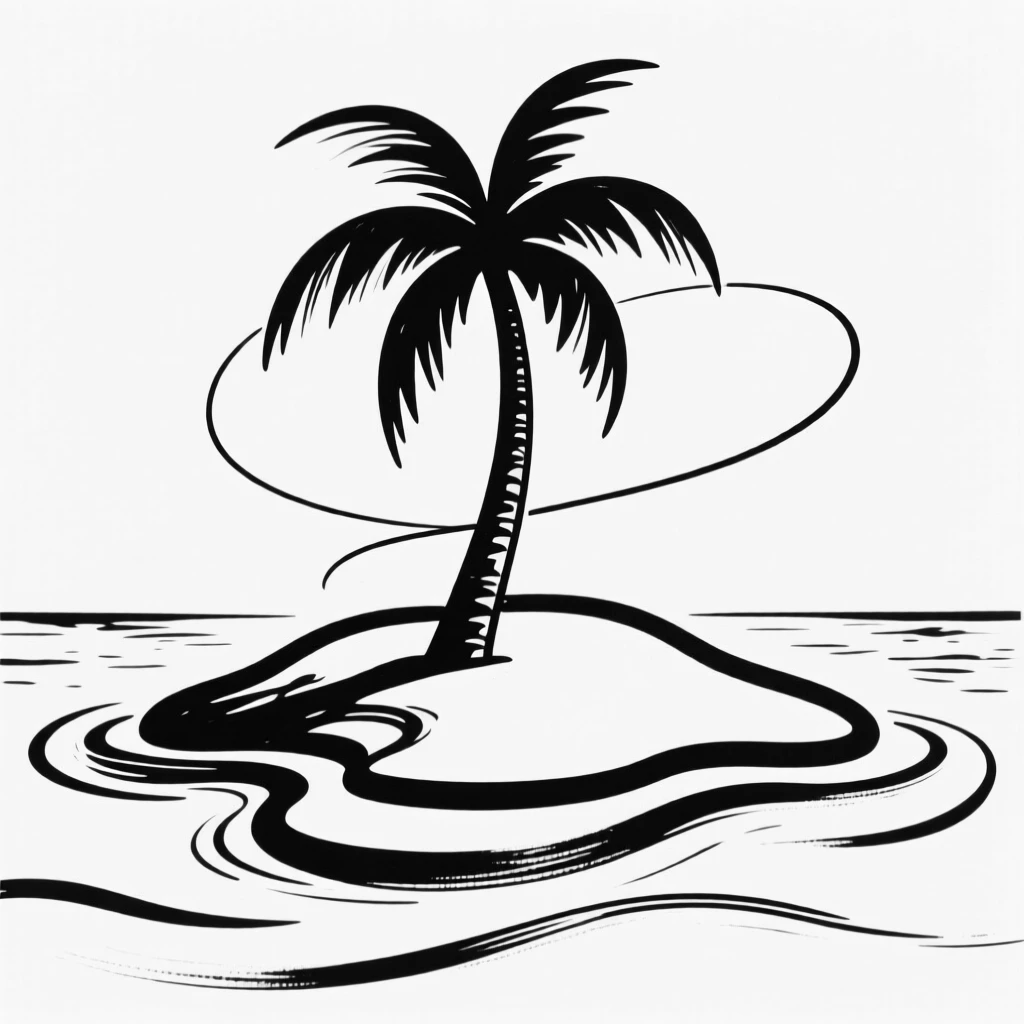 A remote island with a single palm tree surrounded by crystal blue water.
