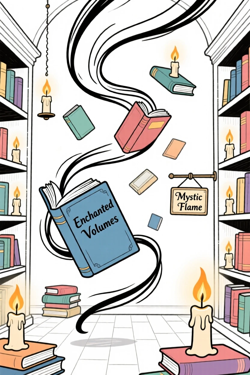 A magical library with floating books and glowing candles.