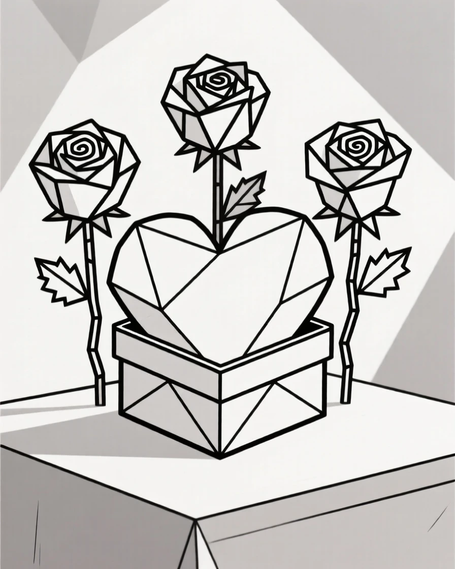 A Valentine's Day scene with roses and a heart-shaped box