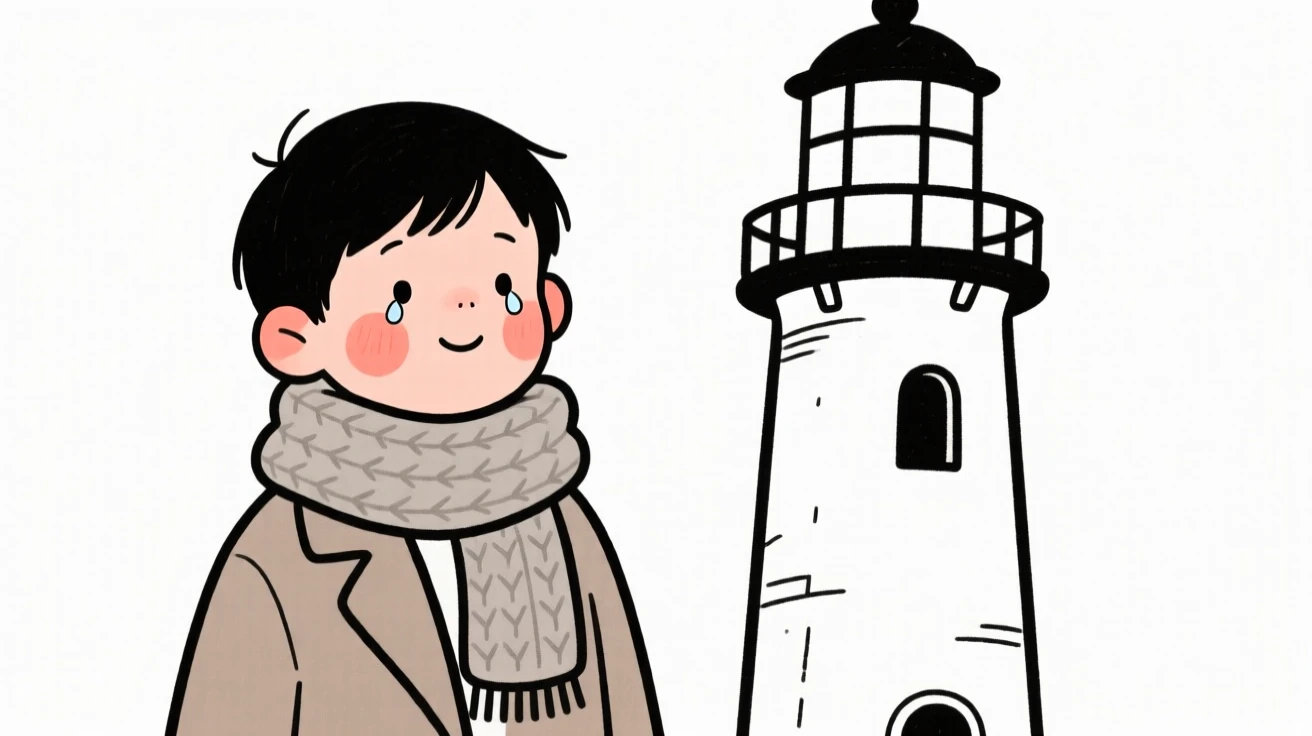 A nine-year-old boy of Vietnamese heritage in a chunky knit scarf and coat, holding back happy tears, beside an old lighthouse.