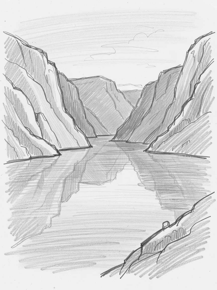 Sweeping landscape of a fjord surrounded by steep cliffs under the soft blue light of twilight, with reflections mirrored perfectly in still water.