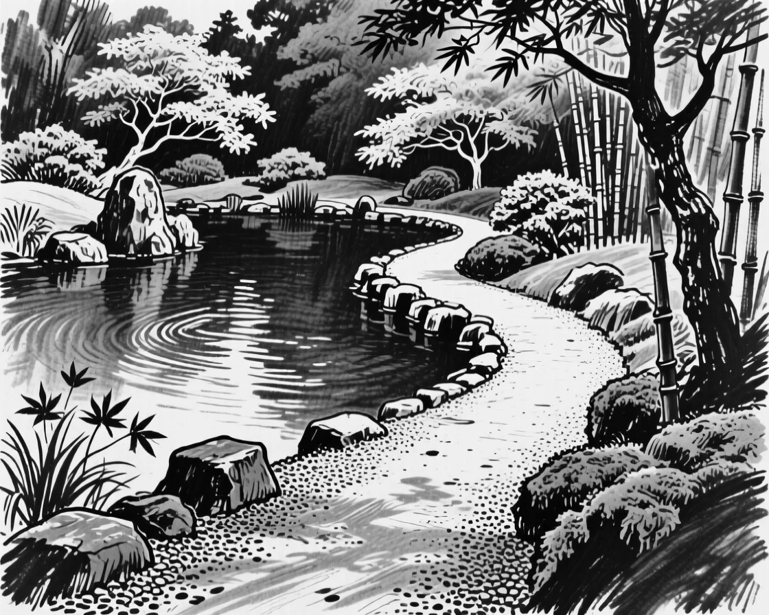 A tranquil Japanese garden pond with a lone winding path leading into the distance.