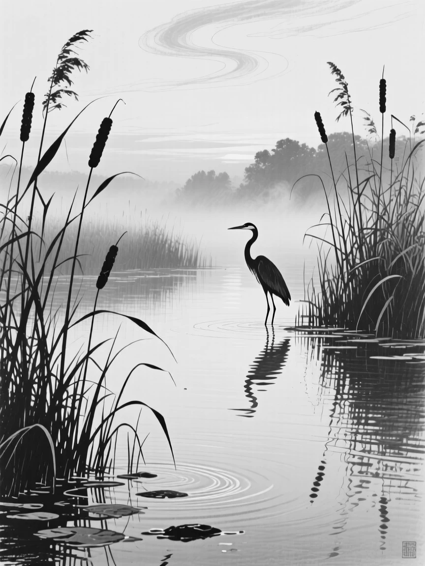 A tranquil marsh at dawn, mist rising gently above still water.